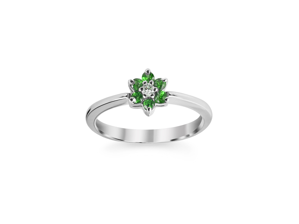 Prsten - Cvetić sa dijamantom i smaragdima