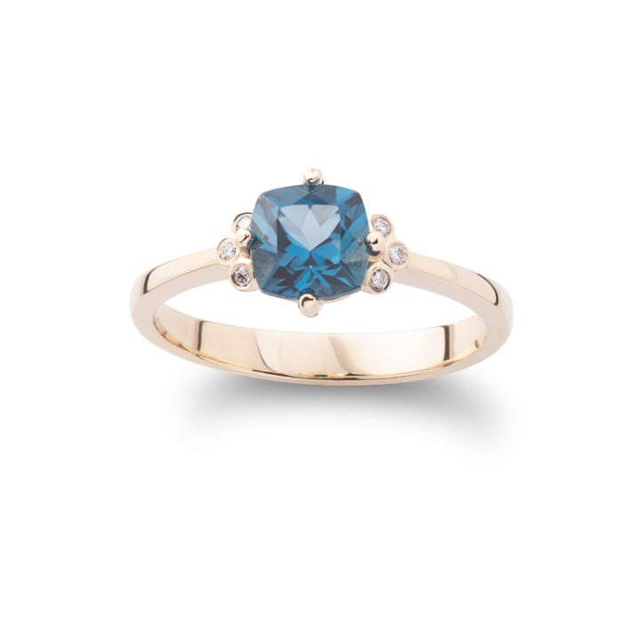 Prsten sa "cushion cut" London blue topazom i dijamantima