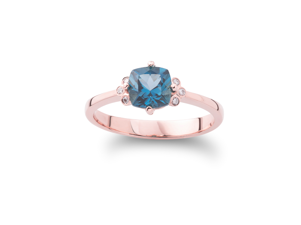 Prsten sa "cushion cut" London blue topazom i dijamantima - Slika 2
