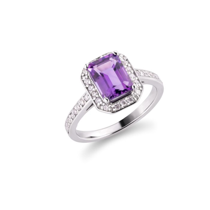 Prsten sa emerald cut ametistom i dijamantima