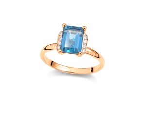 Prsten sa emerald cut London plavim topazom i dijamantima - Slika 2