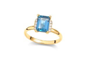 Prsten sa emerald cut London plavim topazom i dijamantima - Slika 3