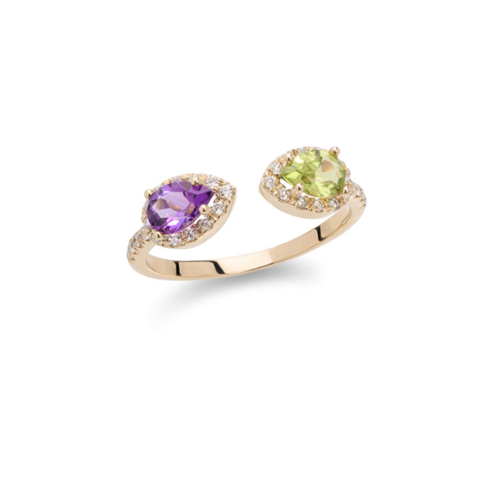 Brilijantski prsten sa pear shape ametistom i peridotom